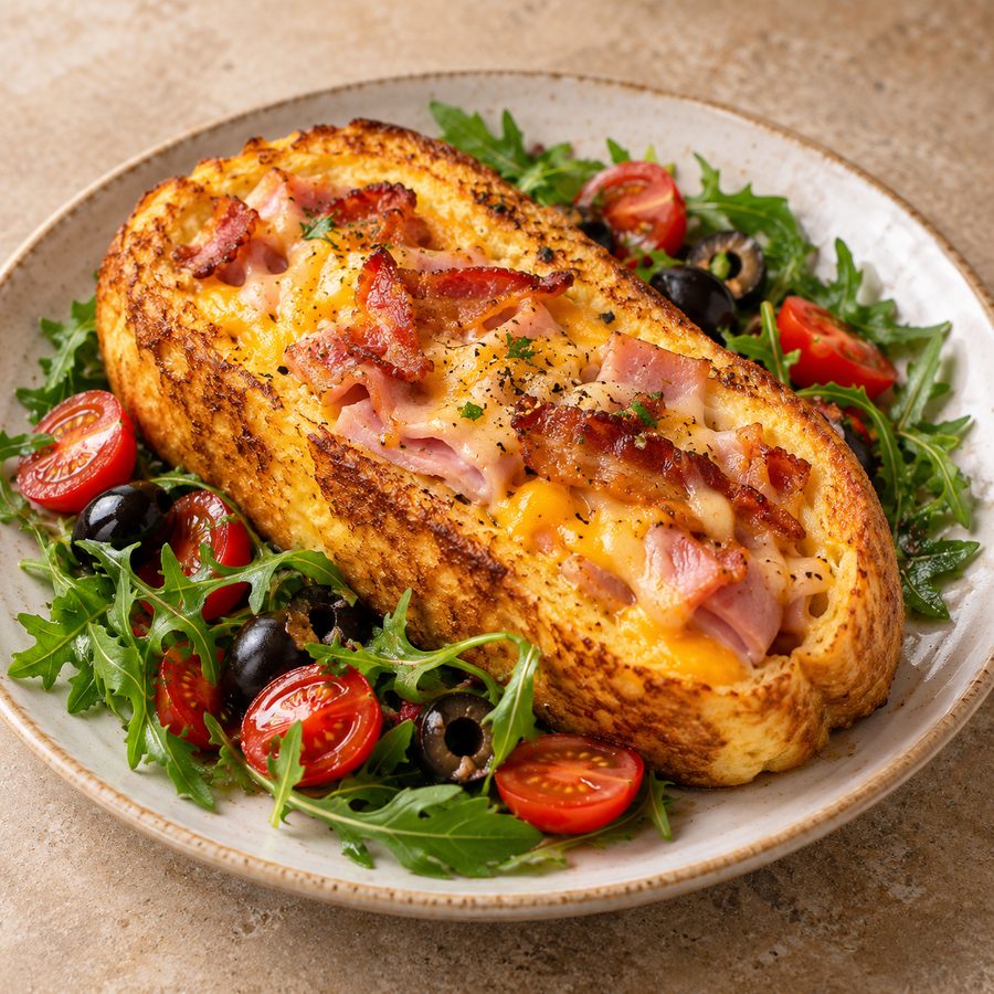 Pâine în ou umplută cu brânză cheddar, șuncă de praga, bacon, rucola cu roșii cherry, măsline